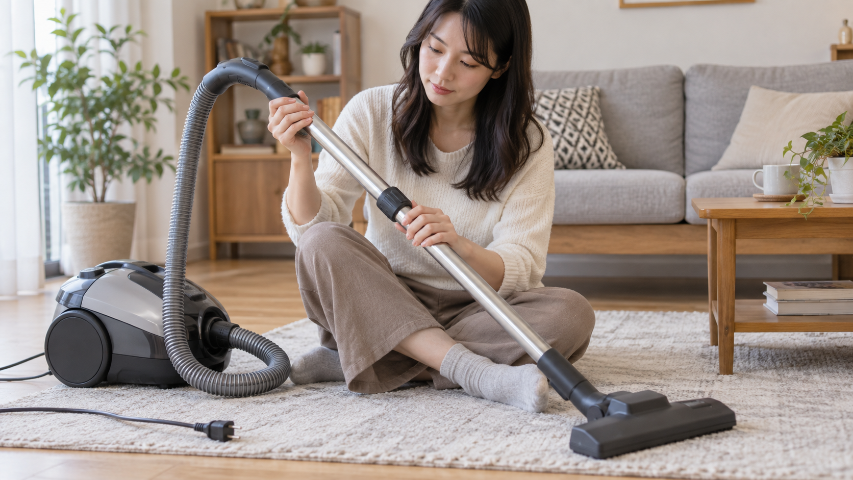 伸縮パイプの調整部分を確認する女性のイメージ