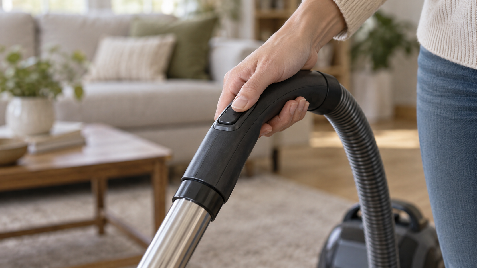 掃除機の持ち手と手元のボタンに指を添えるイメージ