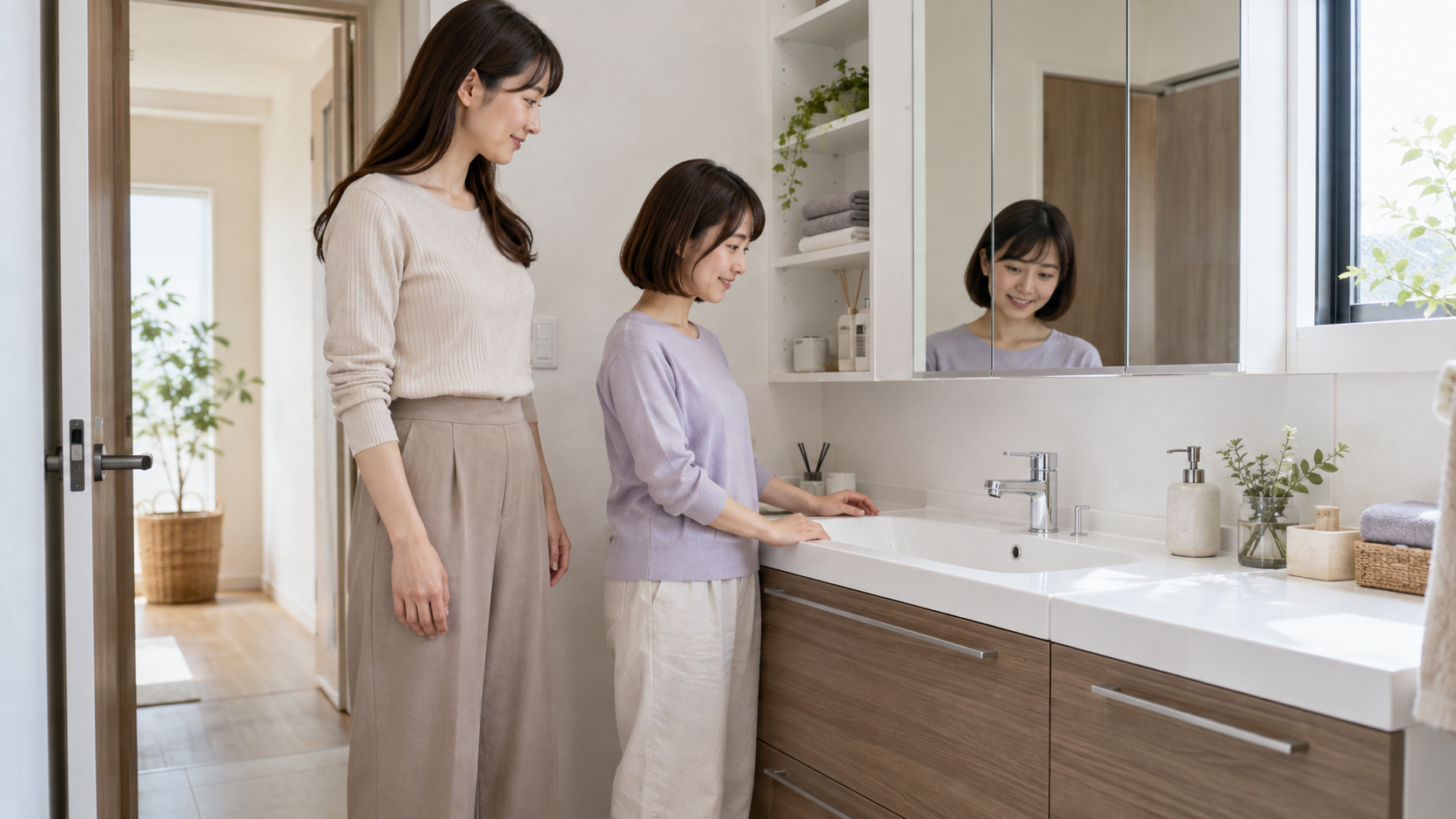 身長の異なる大人が同じ洗面台の使いやすさを確認するイメージ