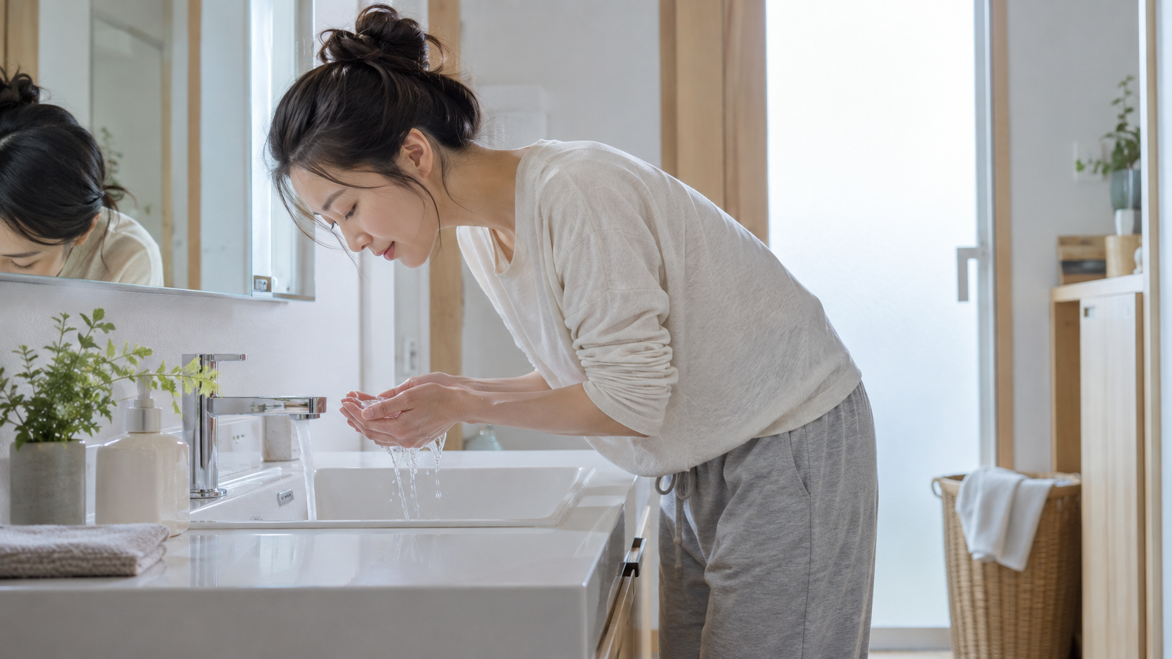 洗面ボウルに手を近づけて洗顔動作を確かめるイメージ