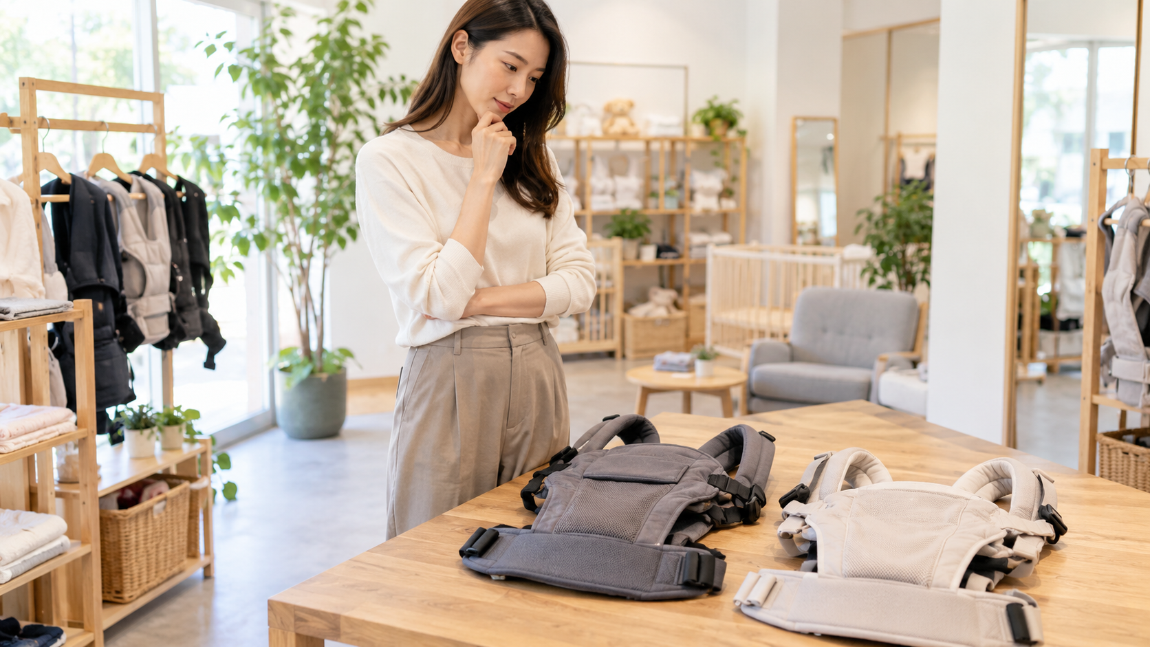 高身長の女性がテーブルに置かれた２種類の抱っこ紐を見比べるイメージ