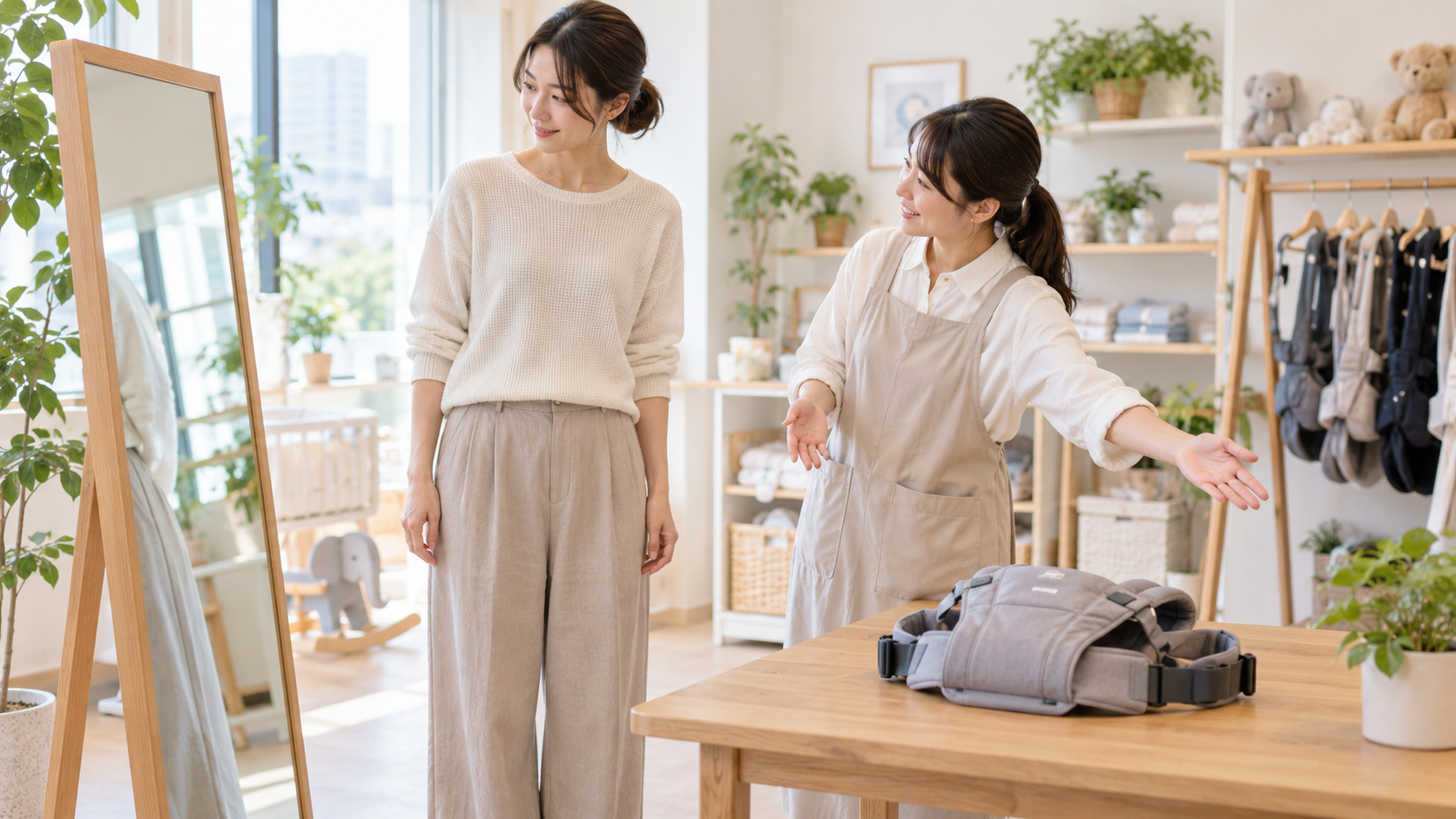 鏡と抱っこ紐のある試着スペースで女性がスタッフと相談するイメージ