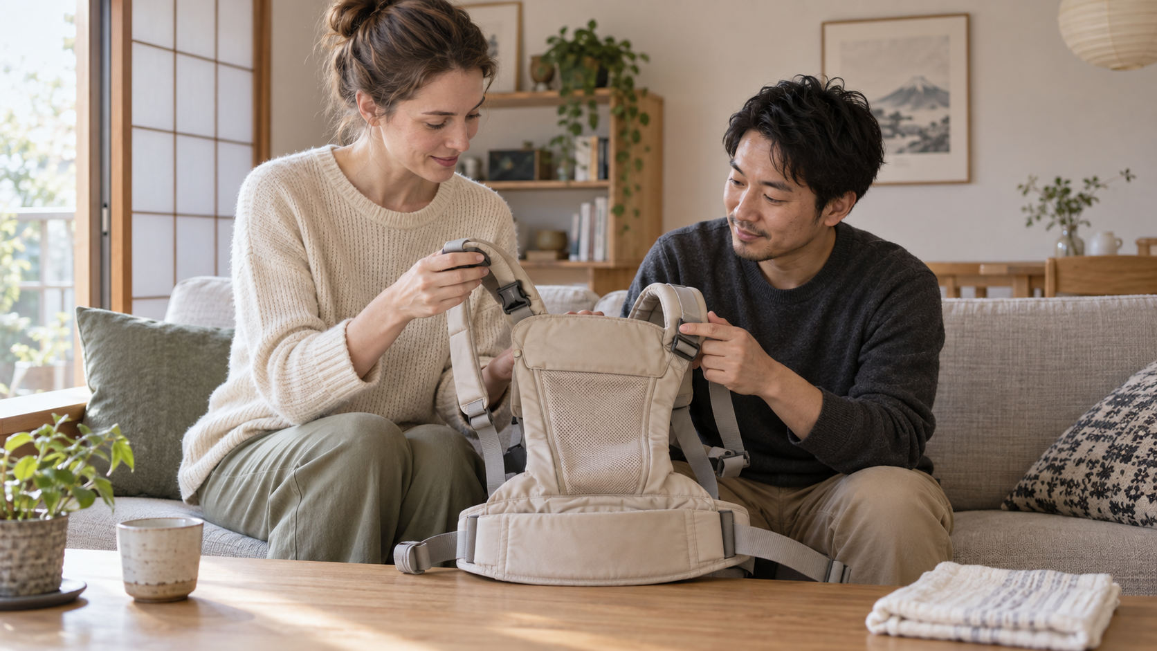 身長差のある大人２人が空の抱っこ紐の調整部を確認するイメージ