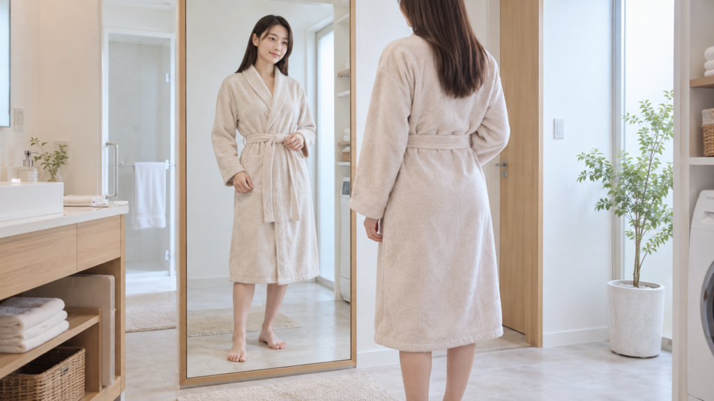 無地のバスローブの着丈と袖の位置を鏡で確かめる高身長女性の説明イメージ