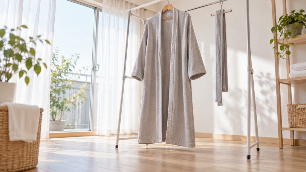 裾が床につかない高さにローブとベルトを分けて干す説明イメージ