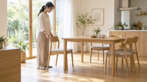 ダイニングチェアと食卓の組み合わせを確かめる高身長の女性