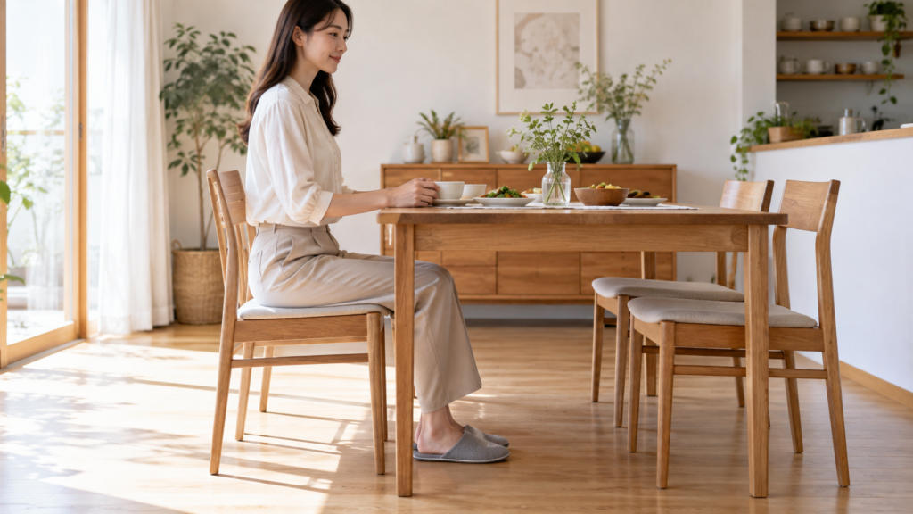 食卓の前で椅子の座り心地と足元を確認する高身長の女性