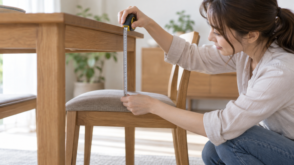 ダイニングの天板と椅子の座面を見比べる手元
