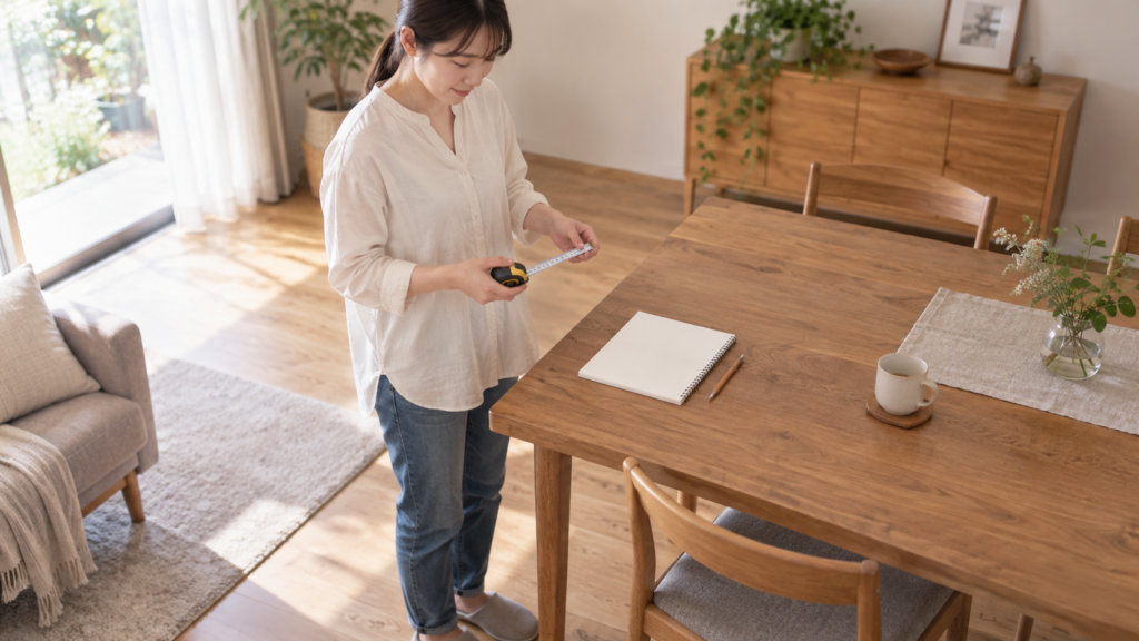 食卓で測った寸法を相談用に整理する女性