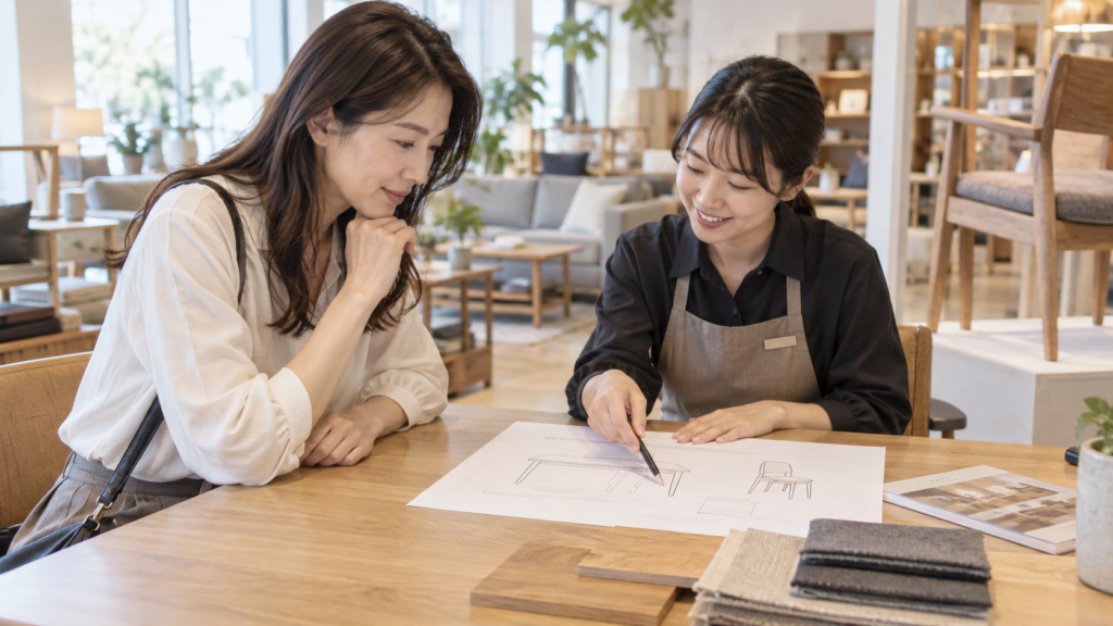 椅子の寸法図を前に家具の相談をする女性