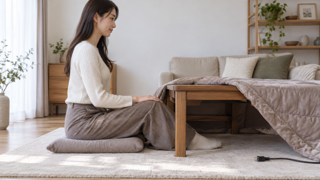 こたつの脚まわりと座る位置を確認する女性