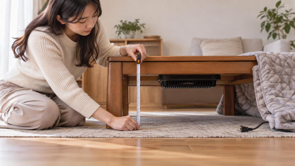 電源を抜いたこたつの高さをメジャーで測る様子