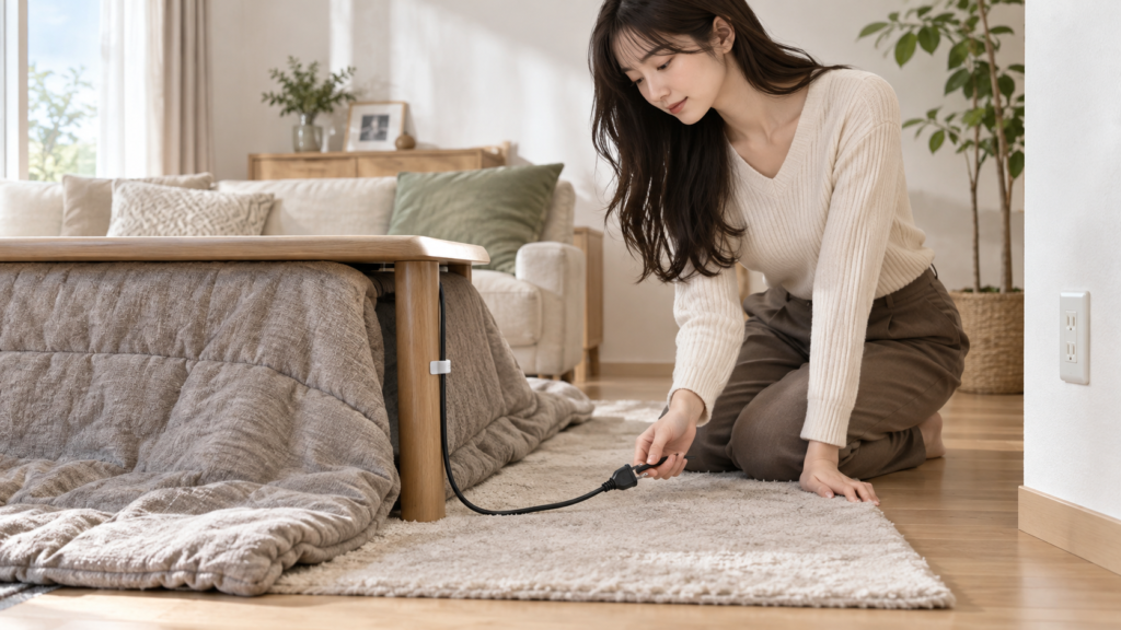 家具の脚で踏まないよう電源コードの経路を確認する静物