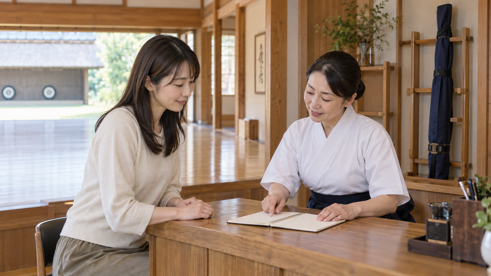 弓道の初心者相談に向けて用具の情報を確認する女性