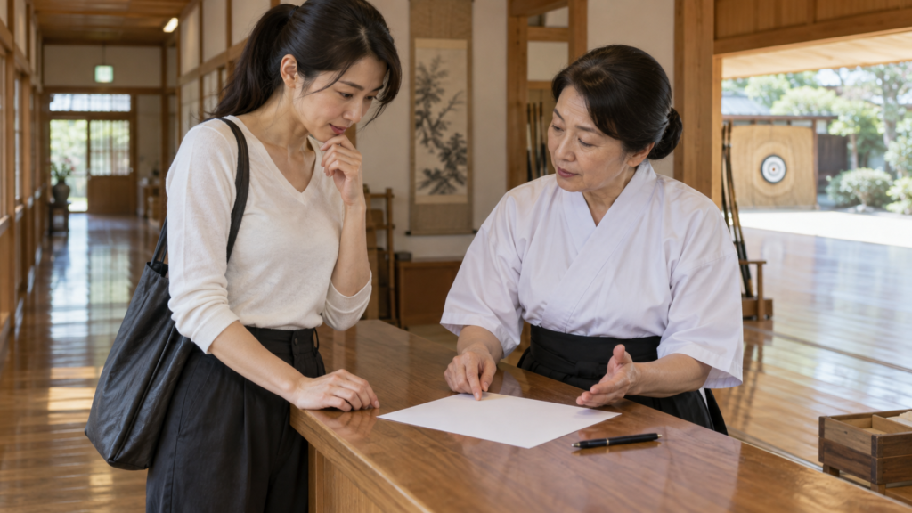 弓の仕様を指導者に相談する落ち着いた受付の様子