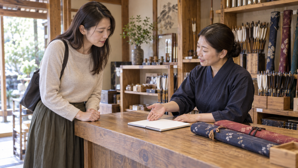 弓具店のカウンターで購入前の相談をする女性
