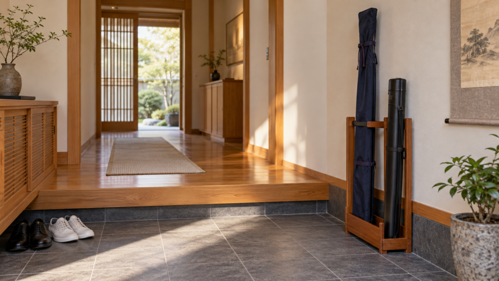 長い用具袋と矢筒の保管場所を検討する玄関