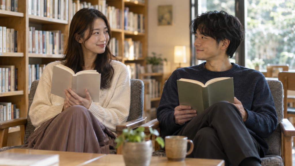 図書館の読書コーナーで本を手に話す成人の男女