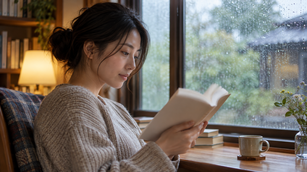 窓辺で一冊の本を静かに読む成人女性