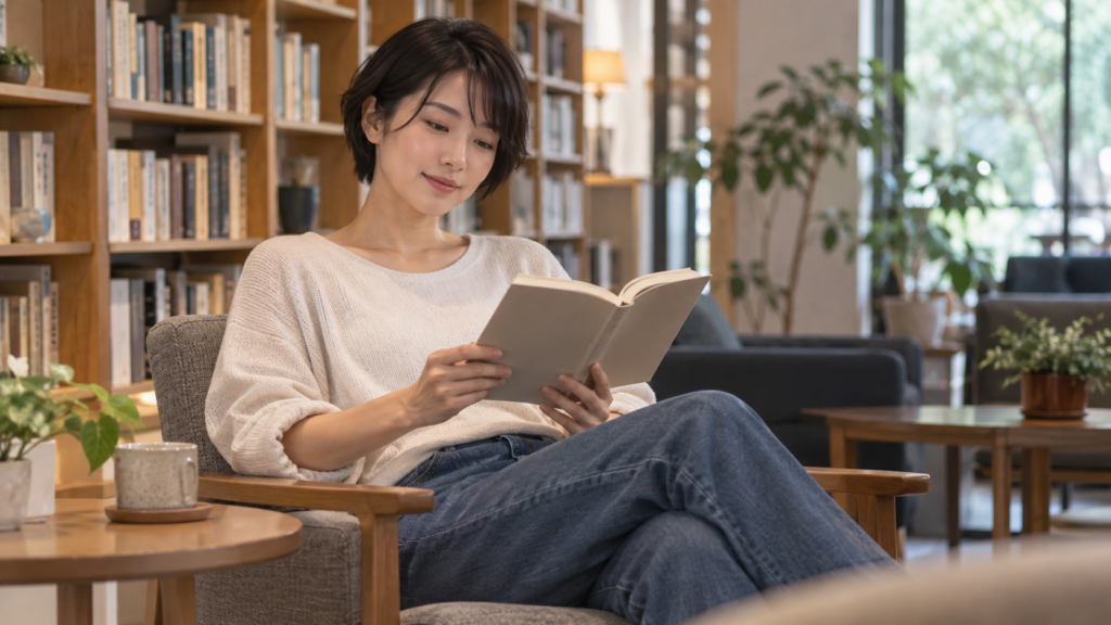 図書館の椅子にゆったり座って本を読む成人女性