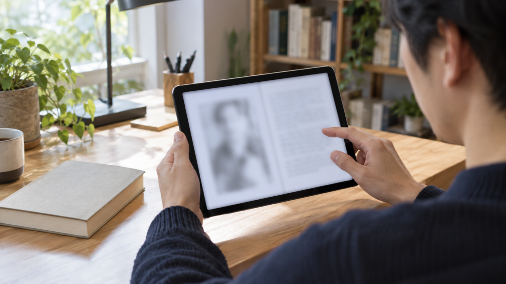 タブレットを手に電子書籍の画面を確認する読者