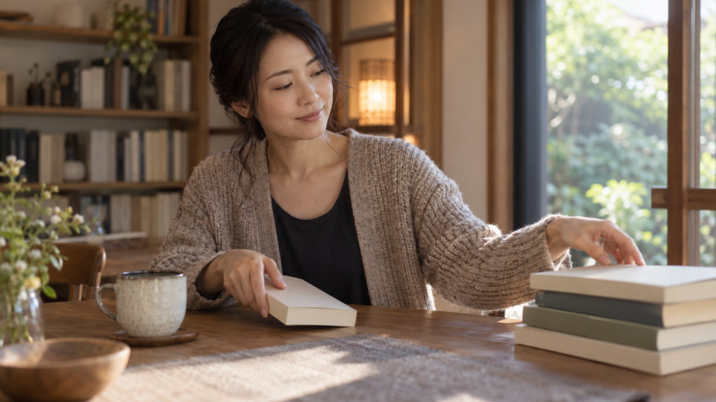 読んでいた本を閉じて別の本に手を伸ばす女性