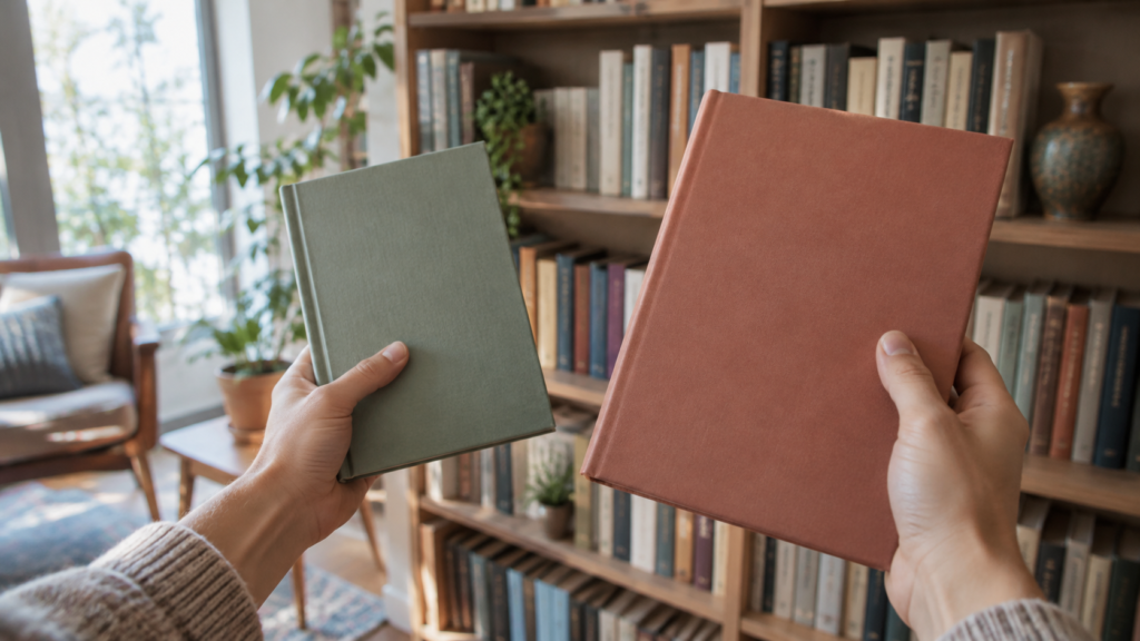 書棚の前で無地の表紙の二冊を比べる読者の手