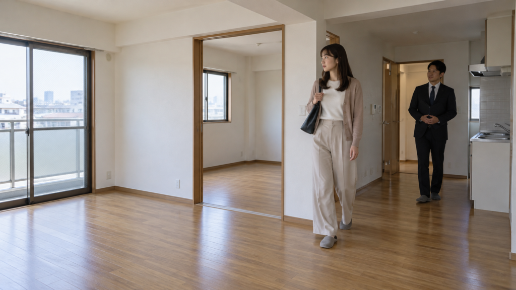 日本の賃貸住居で室内の動線と扉の高さを確認する女性のイメージ