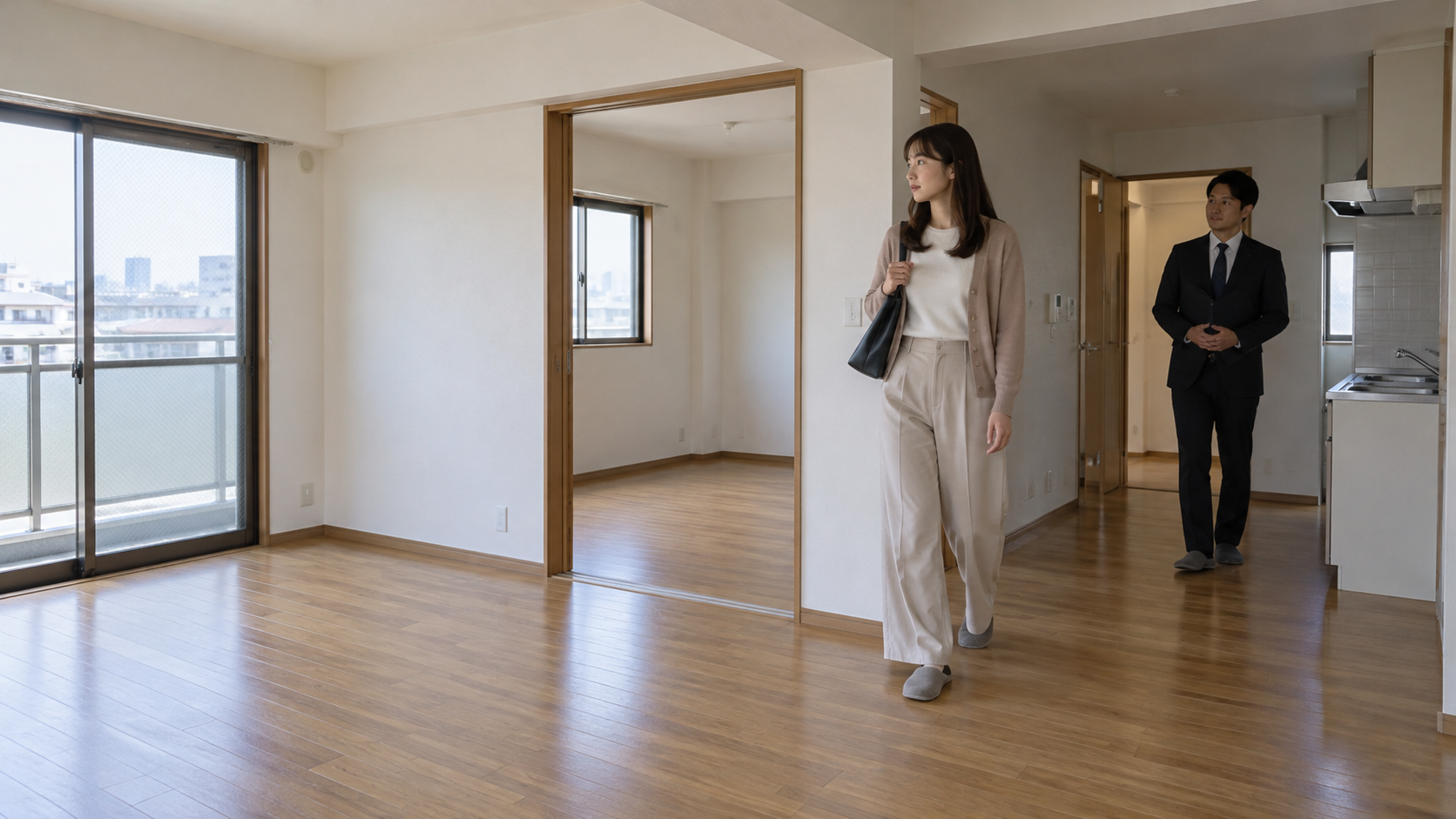 日本の賃貸住居で室内の動線と扉の高さを確認する女性のイメージ