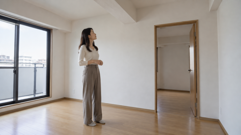 空室の賃貸住居で扉と天井の位置を見比べる女性のイメージ