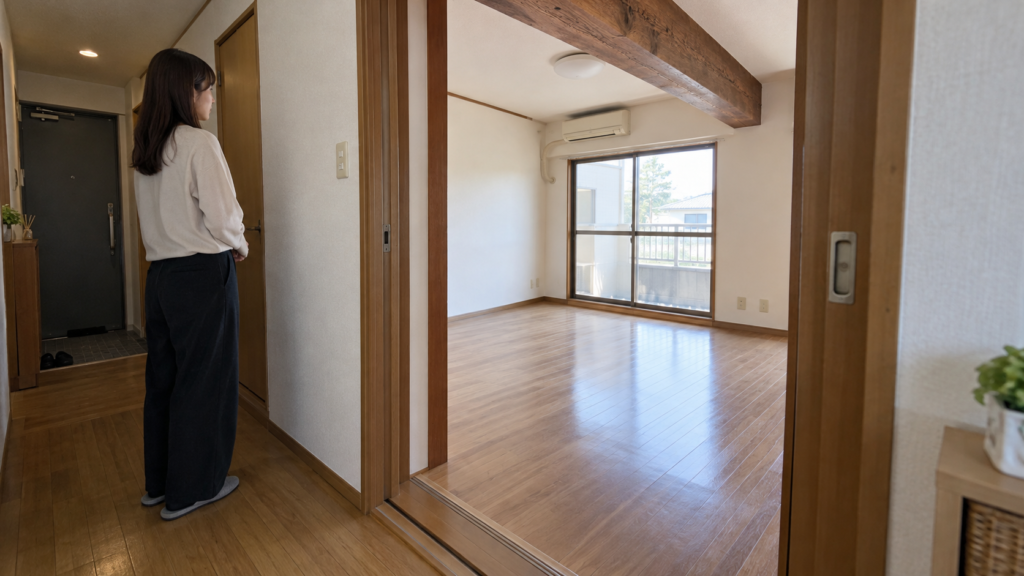 賃貸住居の室内ドアと通路上の梁を確認する場面のイメージ