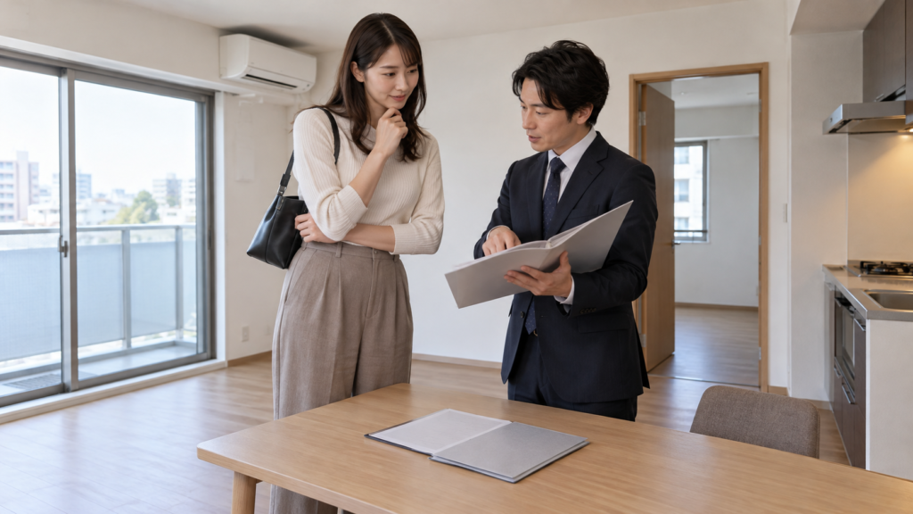 内見した室内で管理条件について担当者と確認する女性のイメージ