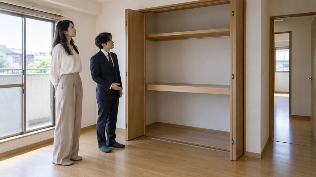 既存の収納と壁を確認しながら担当者へ設置条件を相談する女性のイメージ