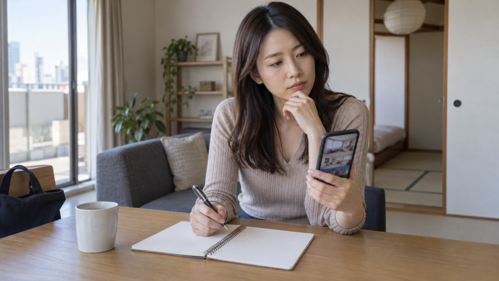 賃貸候補の写真と手元のメモを見比べる女性のイメージ