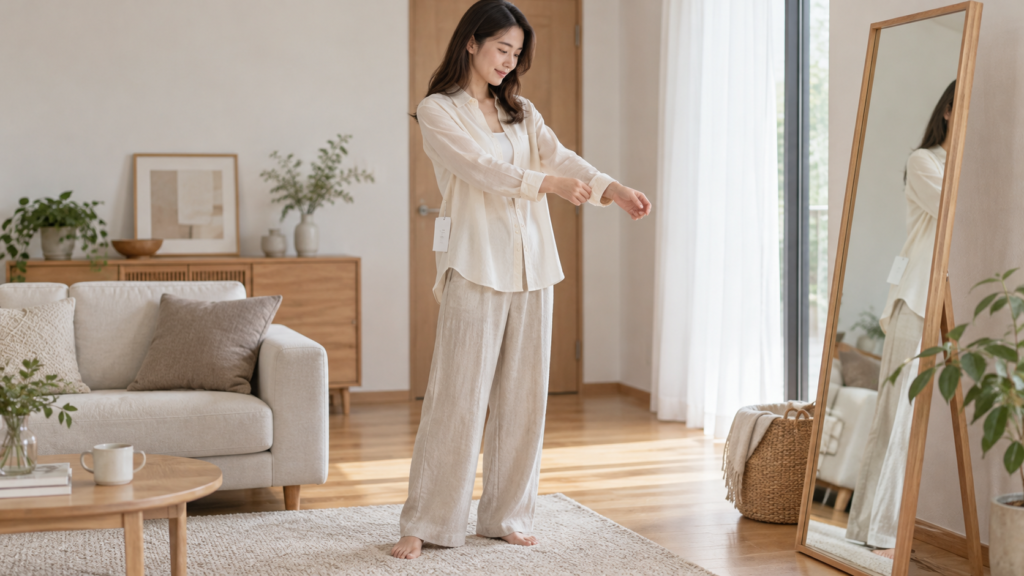 タグを付けたまま室内で袖の長さを確認する試着イメージ