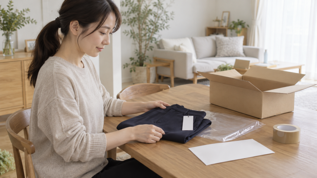 返品の案内を確認して服と梱包材を用意するイメージ