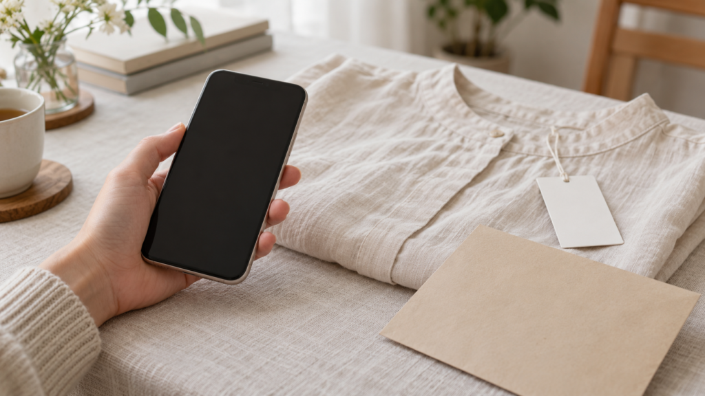 スマートフォンと注文書類を確認する手続きイメージ