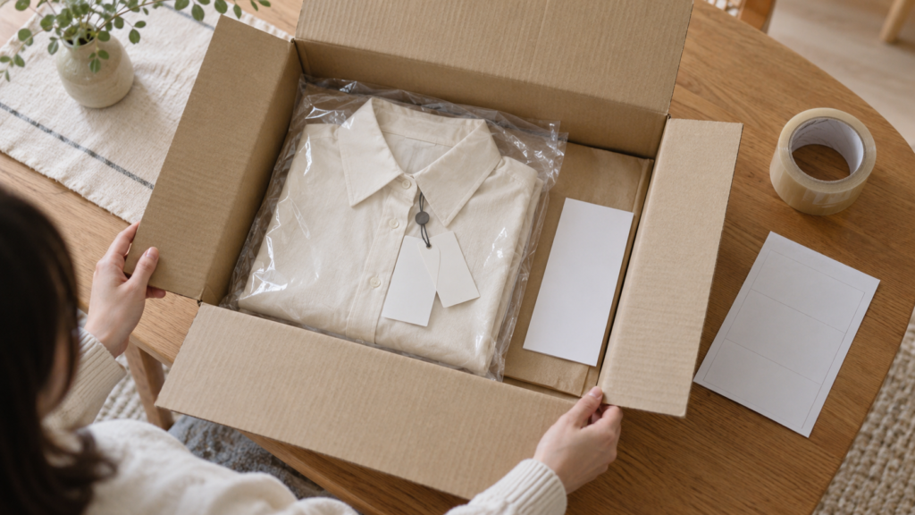 袋に入れた服と必要な書類を箱にそろえる返送イメージ