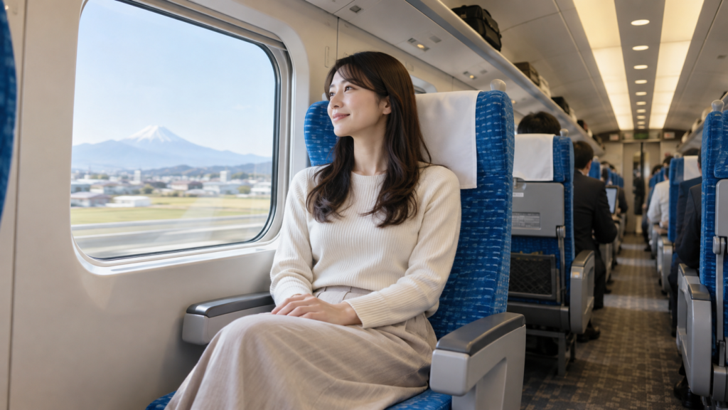 高身長の女性が新幹線で座席と荷物の置き方を確認するイメージ