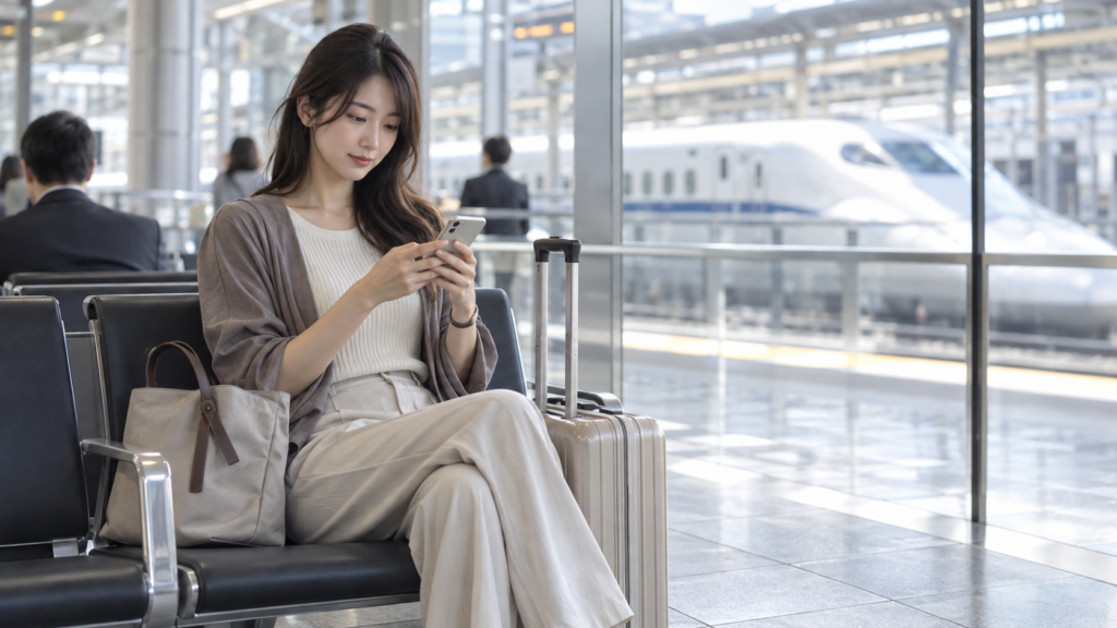 座席表を確認して新幹線の席を選ぶ女性のイメージ