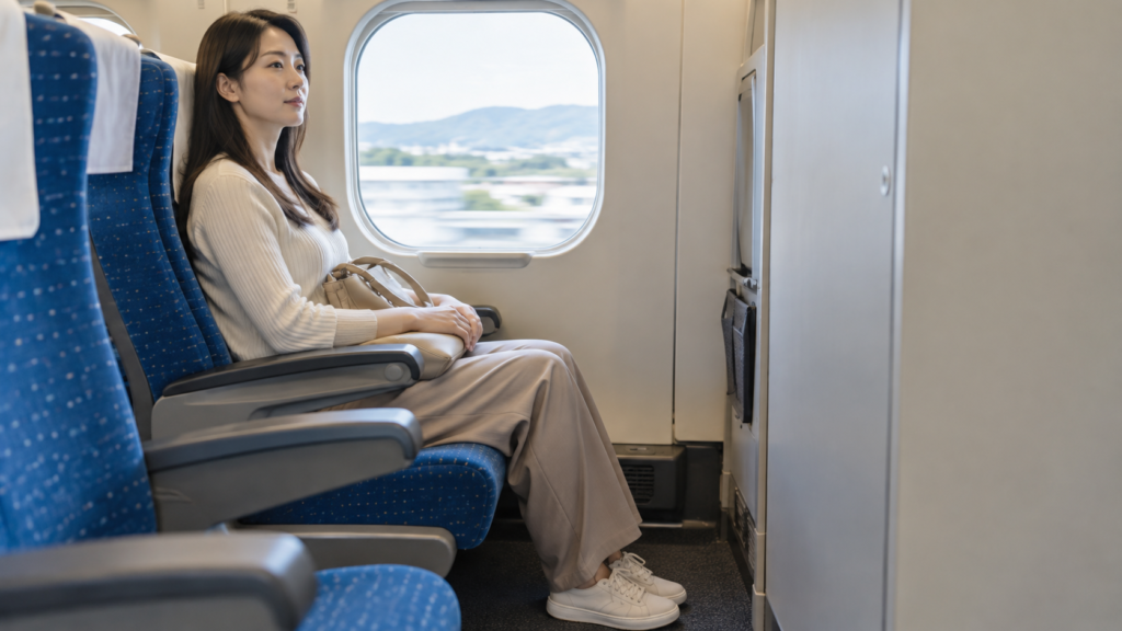 前方に仕切り壁がある席の足元を確認する女性のイメージ