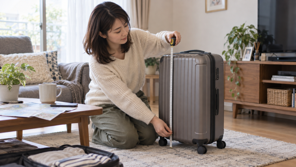 出発前にスーツケースの大きさを確認する女性のイメージ