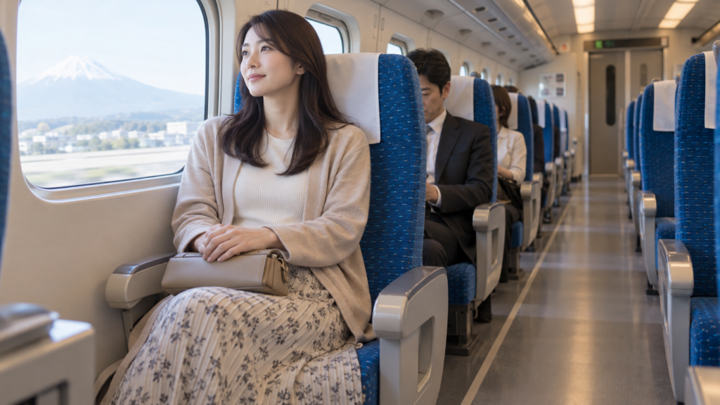 足元を荷物でふさがず新幹線に座る女性のイメージ
