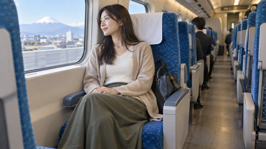 新幹線の自分の席で姿勢を整える女性のイメージ