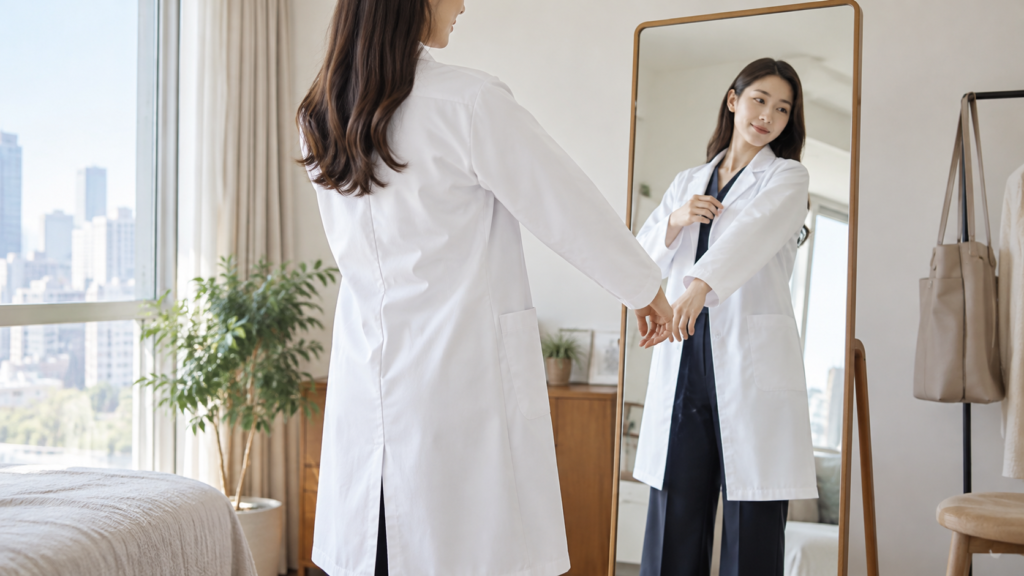 白衣の袖と肩のフィットを確認する女性