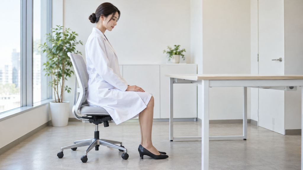 椅子に座って白衣の裾位置を確認する女性